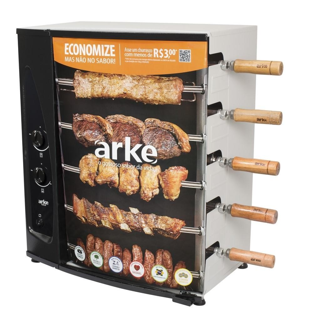 Churrasqueira a Gás Com 5 Espetos Giratórios Assador Rotativo Bivolt Aço Carbono GLP Arke AGR - Home Appliances