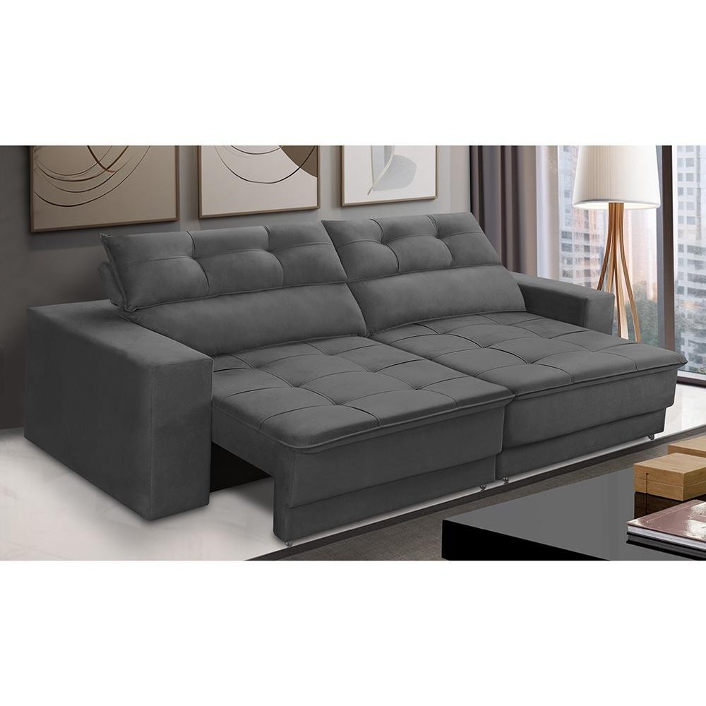 Sofá Retrátil e Reclinável 3 lugares 2,10m com Molas Emily Suede Cinza Adonai Estofados - Home & Living