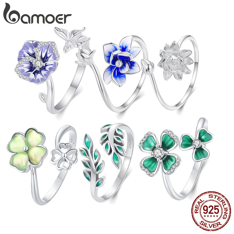 Bamoer 925 Sterling Silver Flower Rings Lotus Quatro Folhas Clover Moda Feminina Acessórios De Aniversário BSR451 em Oferta na Shopee