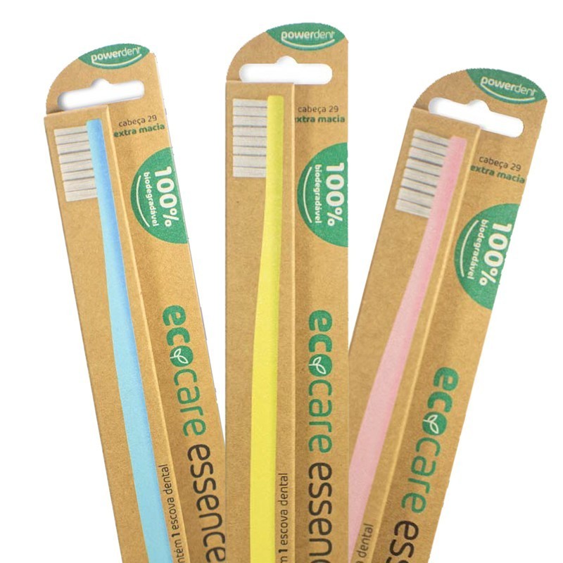 Escova Dental Sustentável cabo Bambu 100% Biodegradável Ecocare Essence cerdas carvão ativado Powerdent
