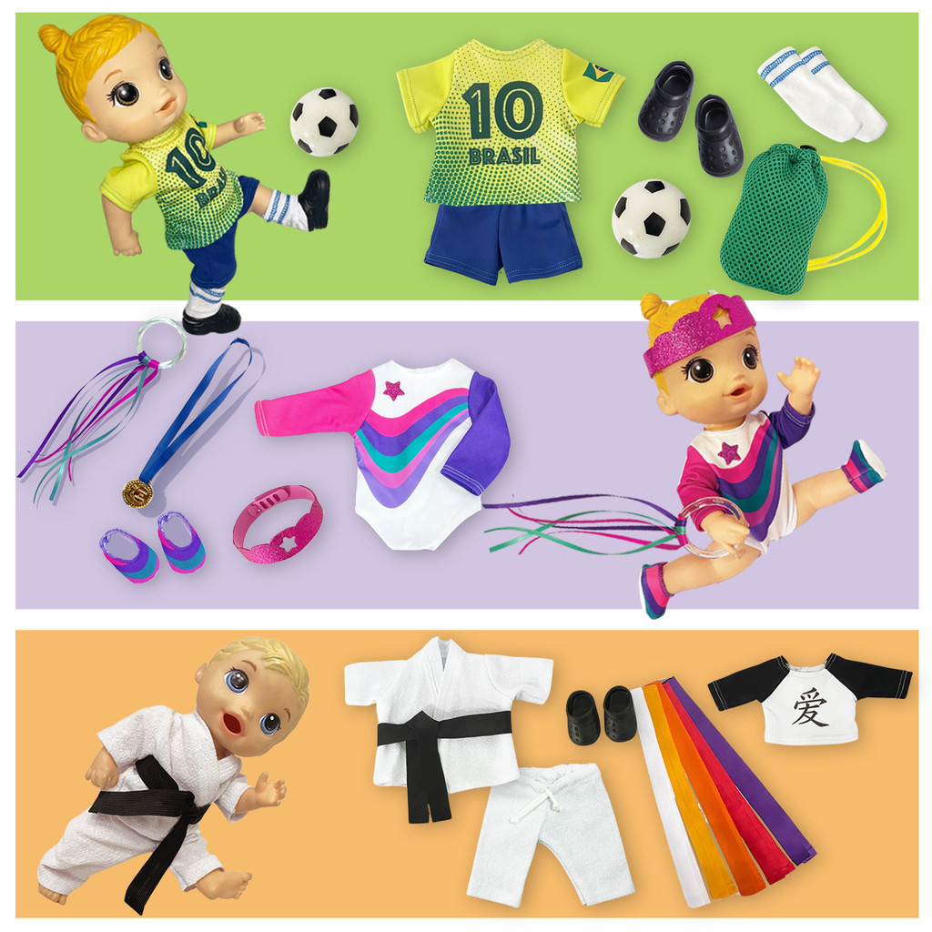 3 Kits de roupinhas de boneca para esportes veste Baby Alive e Little Mommy Baby Alive - GINÁSTICA, FUTEBOL E JUDÔ