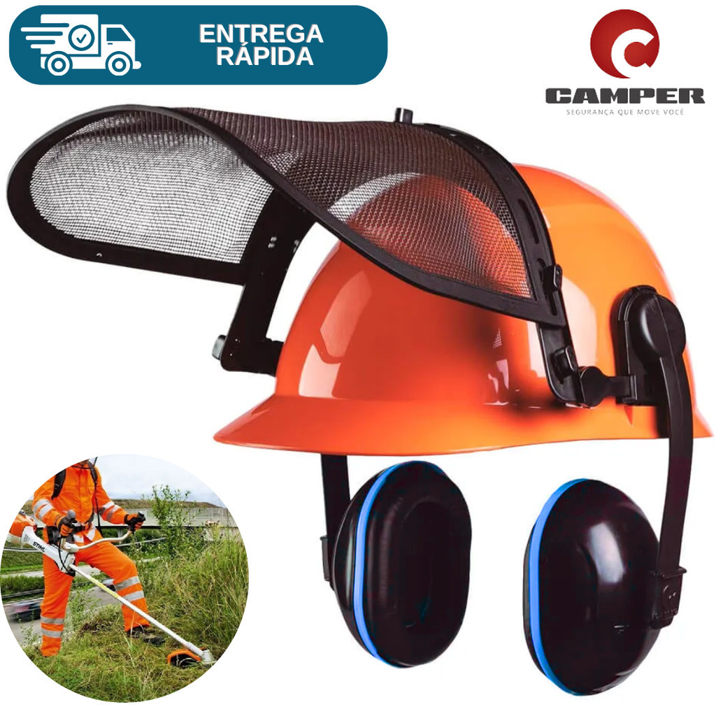 Kit Roçador Epi Capacete + Viseira + Abafador De Ruidos Camper Proteção Motosserista Motossera