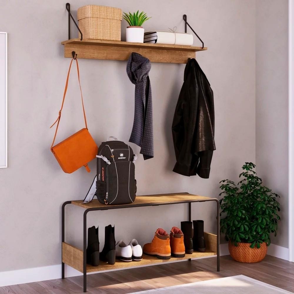 Kit Prateleira Decorativa e Sapateira Banco Para Hall De Entrada Tube Vermont/Preto - Artesano