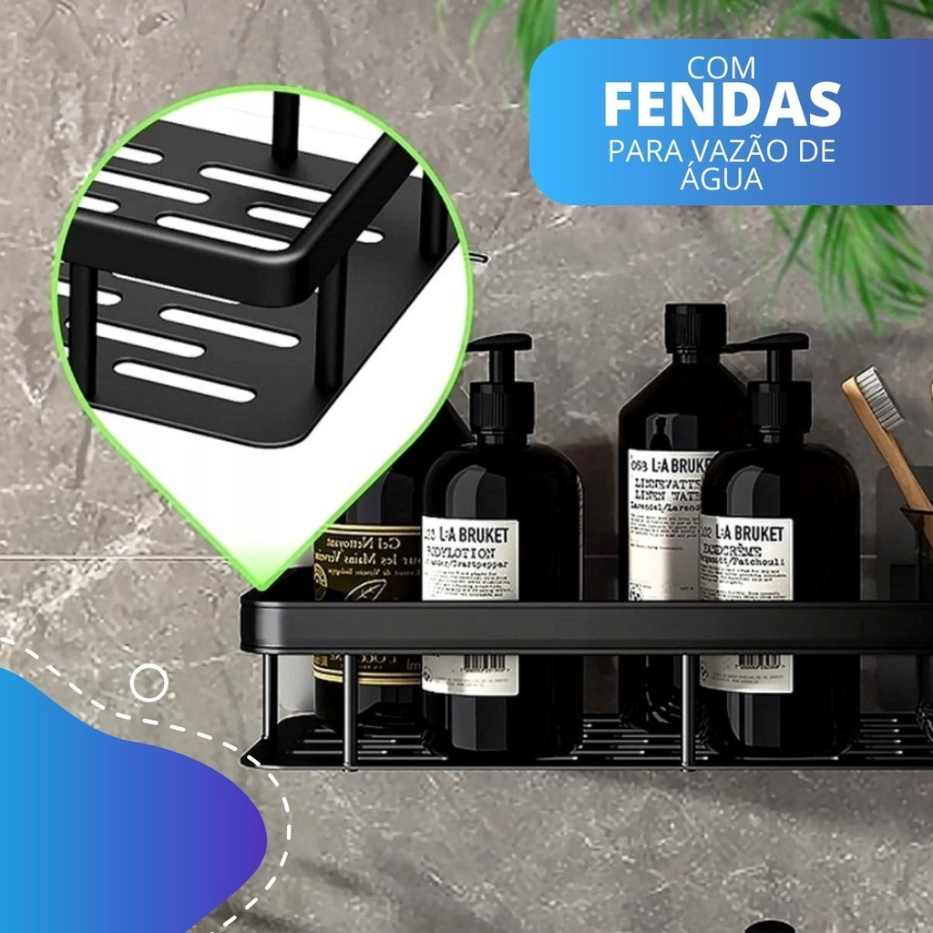 Kit Suporte Duplo Porta Shampoo Sabonete Box Banheiro Fixação Adesivo Parede Preto · foto 2