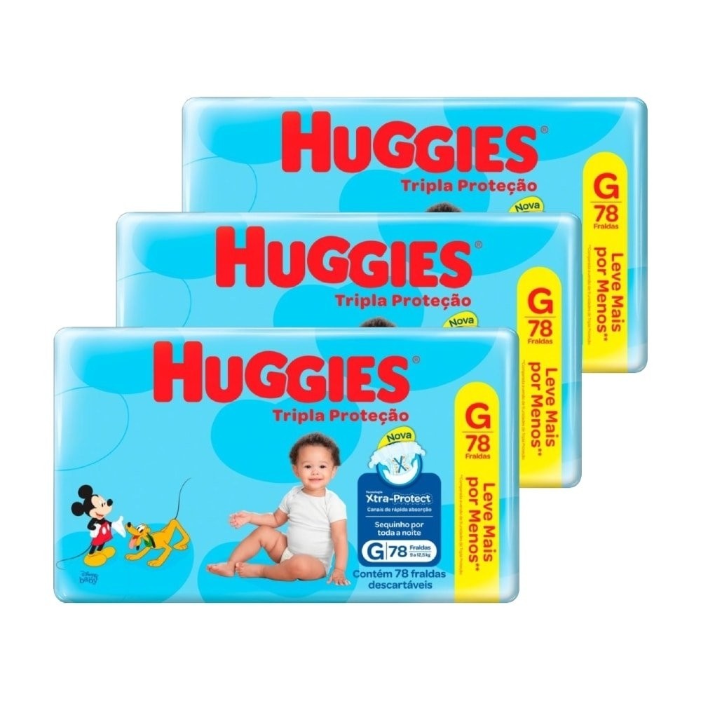 Fralda Descartável Huggies Hiper Tripla Proteção G - 3 Pacotes com 78 Fraldas - Total 234 Tiras em Oferta na Shopee