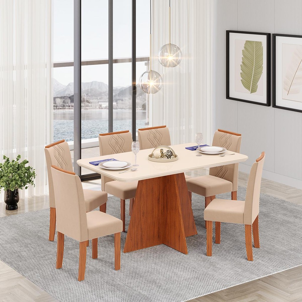 Conjunto Sala de Jantar 6 Cadeiras Tampo de Vidro DJ Móveis Siena Freijó Ayla Veludo Creme em Oferta na Shopee