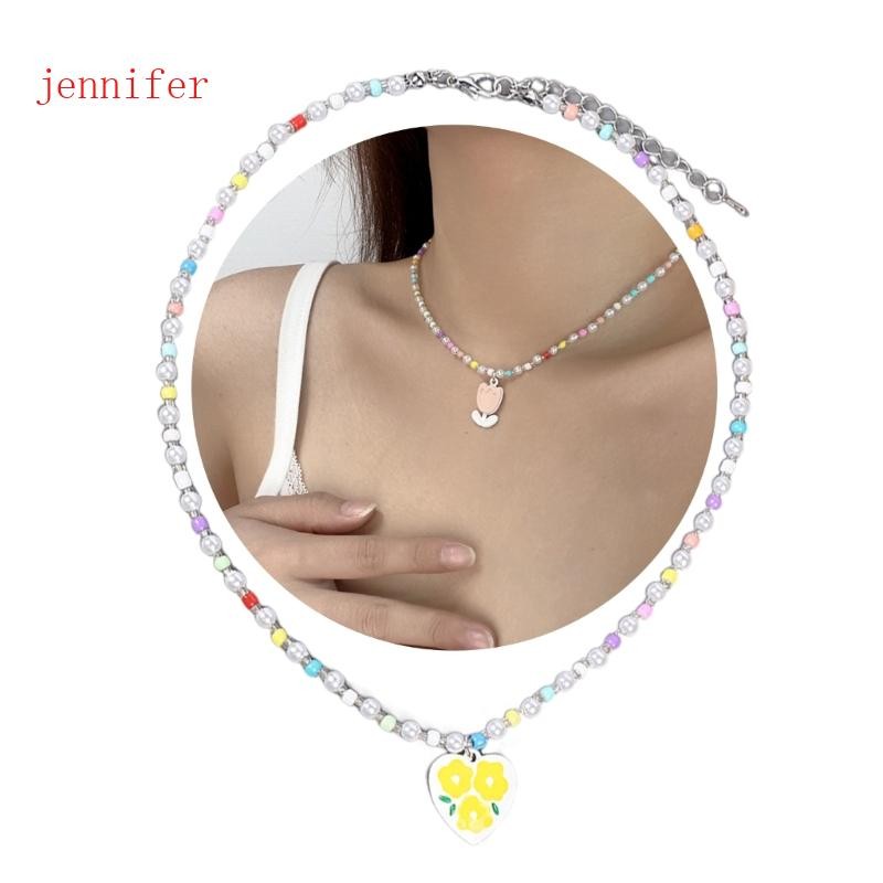 jennifer Fashion Flower Charm Necklace Colorful Beads Dopamine Heart Mulher Jóias De Férias Te