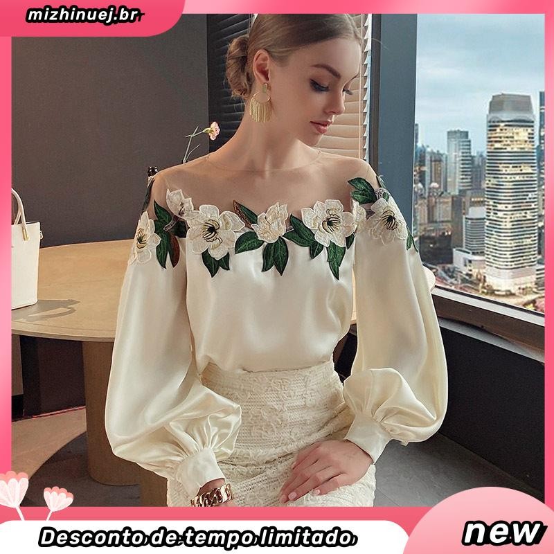 Novo Painel Feminino Blusa Bordada Cetim Antipermeabilidade Gaze Emenda De Gola Redonda Manga Longa Folgada
