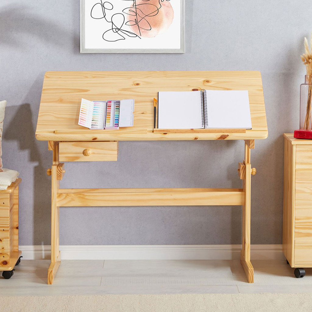 Escrivaninha Mesa Desenho Madeira 1 Gaveta Flexi Natural em Oferta na Shopee