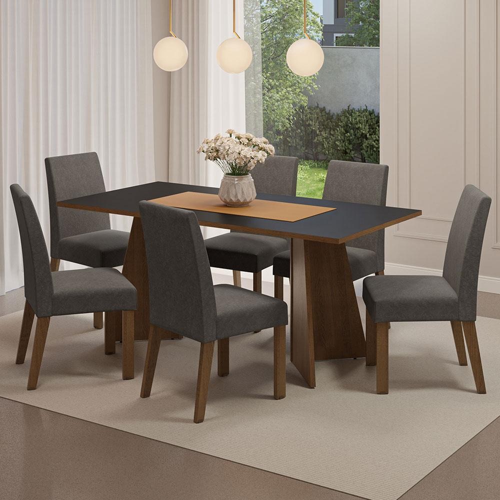 Conjunto Sala de Jantar Mesa Tampo de Madeira 6 Cadeiras Rustic/Preto/Silver Simone Madesa em Oferta na Shopee