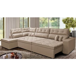 Sofá de Canto Retrátil e Reclinável Esquerdo 3,40x2,36m Molas Cama inBox Espanha Velusoft Bege
