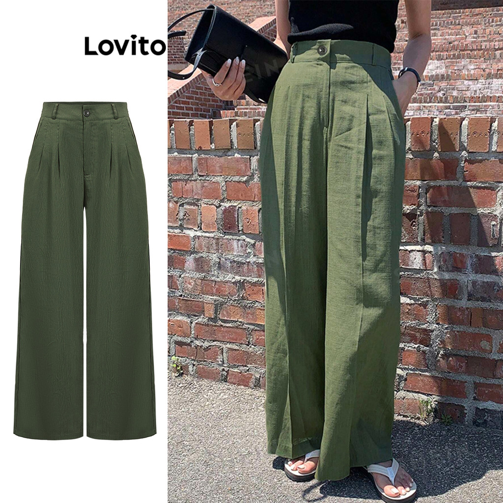 Lovito Calças casuais com botões lisos para mulheres L95ED410 - Women Clothes