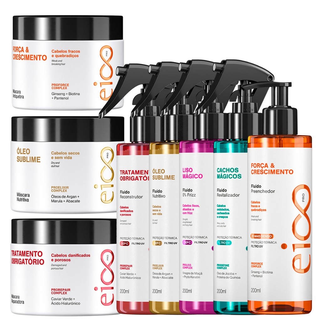 Eico Pro Kit Máscara Cronograma Capilar Hidratação Nutrição e Reconstrução Spray Protetor Térmico em Oferta na Shopee