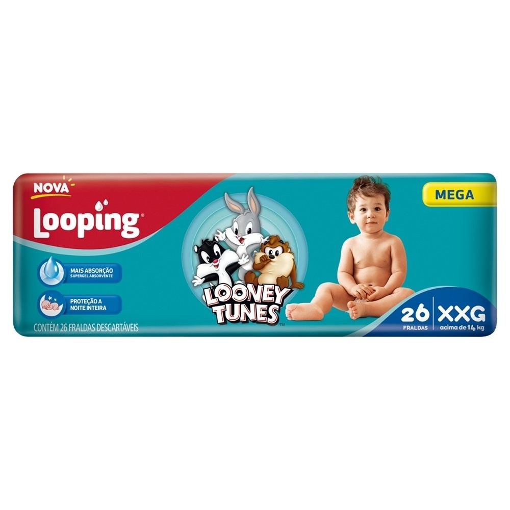 Fralda Descartável Looping Looney Tunes Mega Extra Extra Grande - 6 Pacotes com 26 Fraldas - Total 156 Tiras em Oferta na Shopee