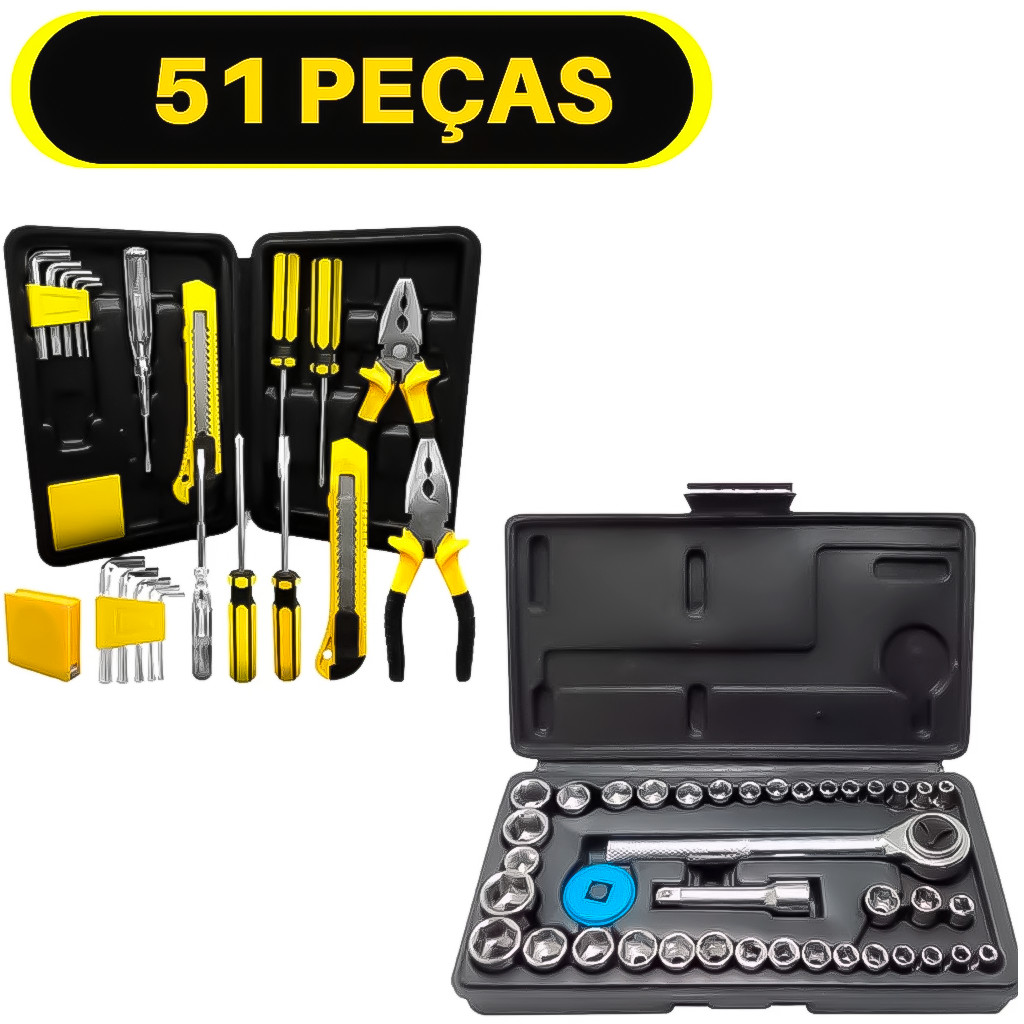 Kit Jogo Ferramenta 51 Peças Soquetes Canhão Chave Catraca Reversível Estilete Alicate Fenda Philips - Home & Living