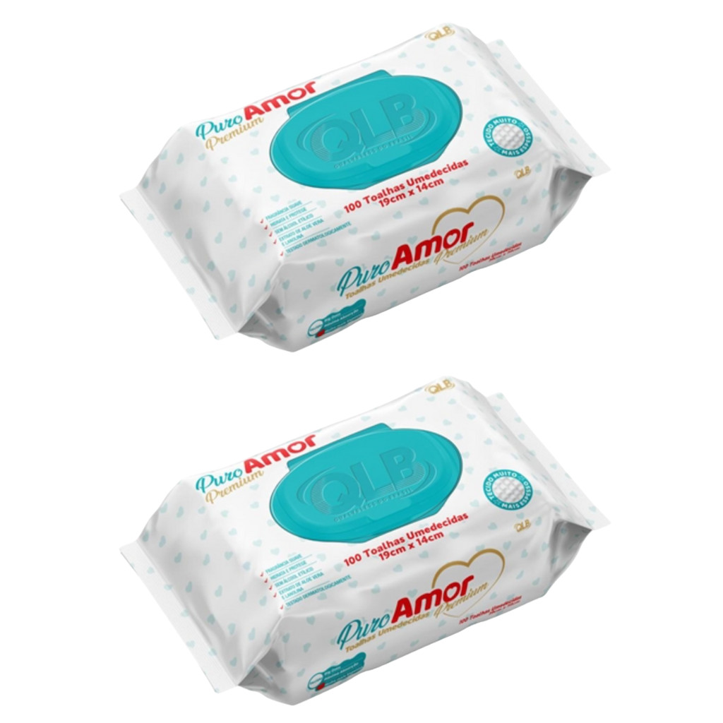 Kit 2 Toalha Umedecida Lenço Puro Amor Premium 100Un - QLB