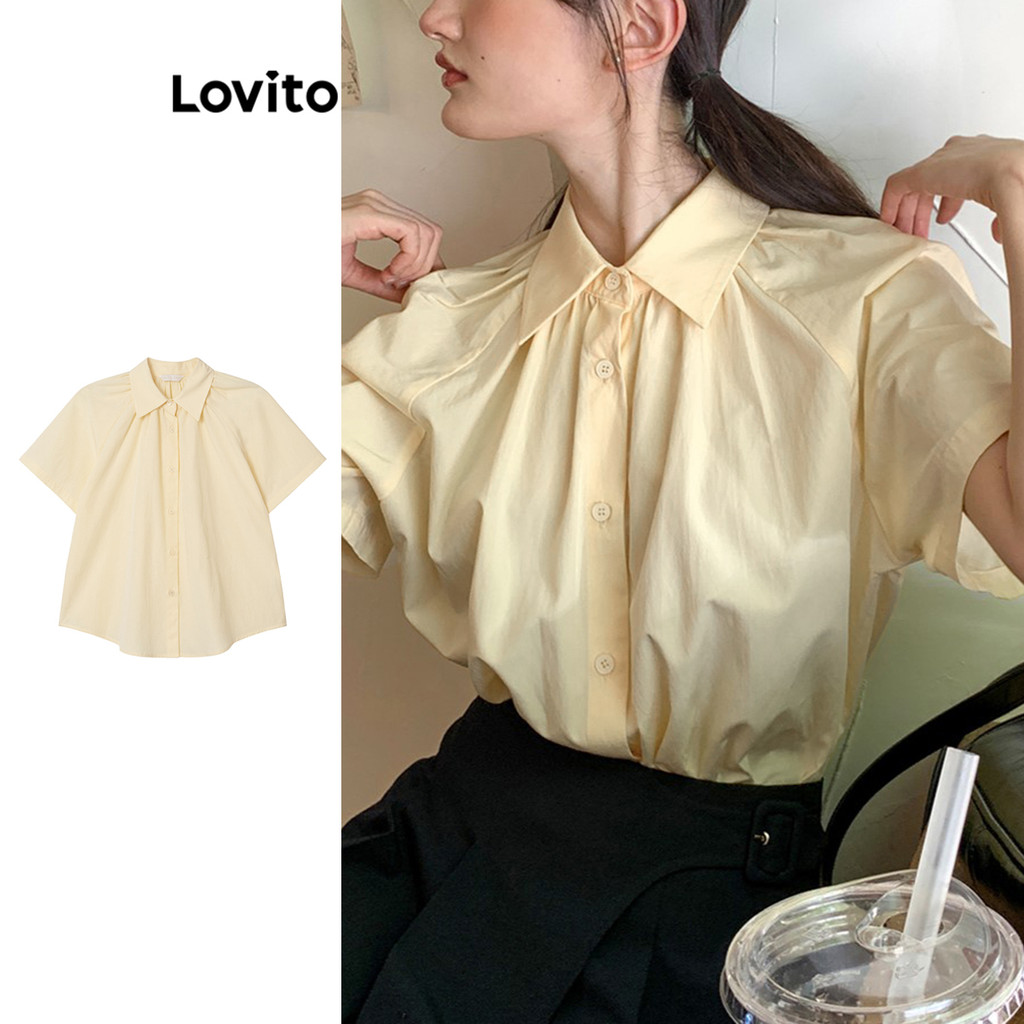 Lovito Blusa casual plissada lisa para mulheres L95ED265 - Women Clothes