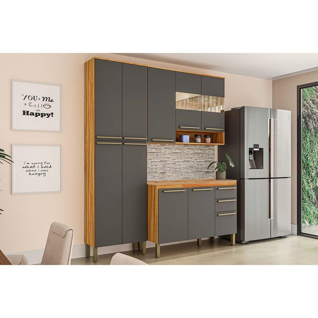 Cozinha Completa Nápoli Prime 3 Peças (1 Armário + 1 Balcão + 1 Paneleiro) C3P02 Amendoa/Chumbo - Ronipa em Oferta na Shopee