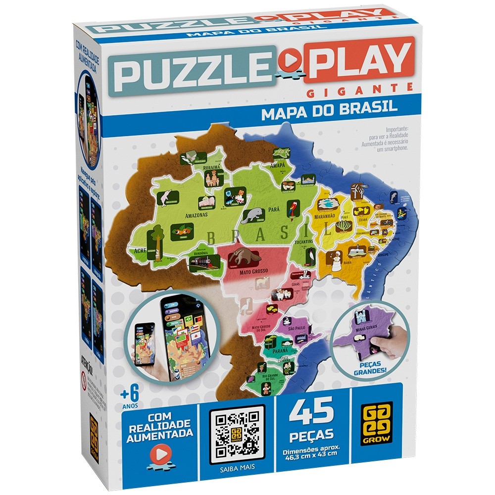 QUEBRA CABEÇA PUZZLE PLAY GIGANTE MAPA DO BRASIL 45 PEÇAS GROW REALIDADE AUMENTADA 3D APLICATIVO APP - Mom & Baby