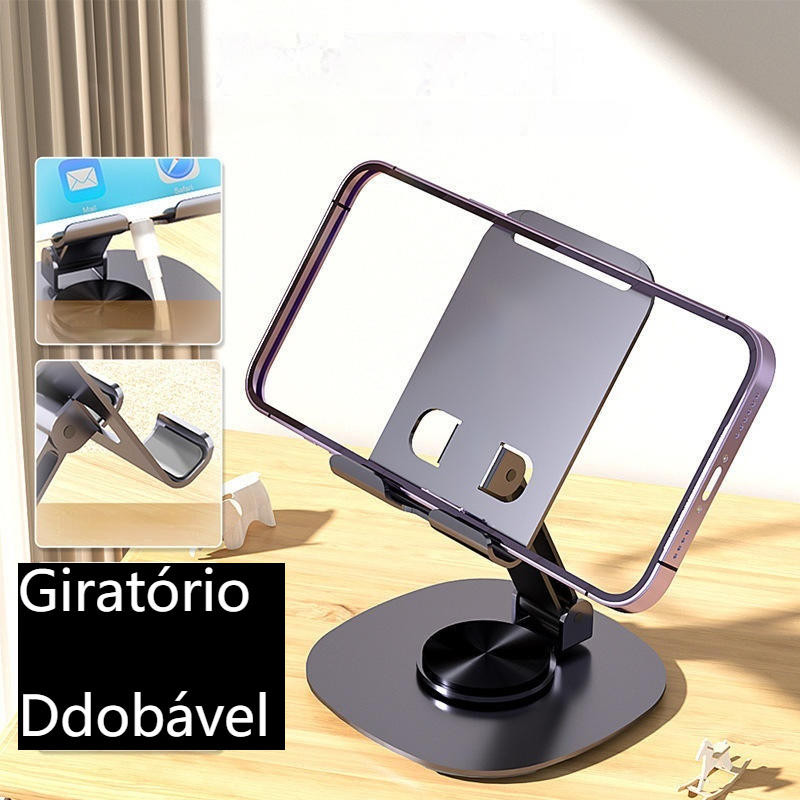 Suporte Alumínio de Mesa Base Rotatória Ajustável 360º Para celulares e Tablets