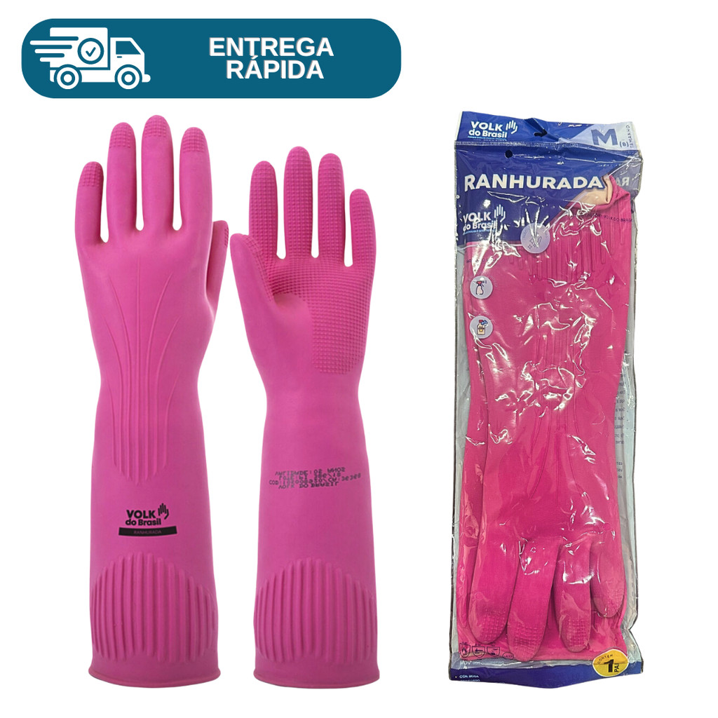 Luva De Latex Ranhurada Cano Longo Antialérgica Proteção Volk Limpeza Epi Remove Pelos Animal Sofá