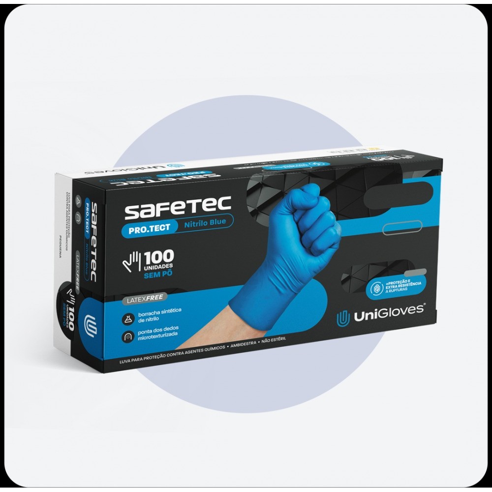 Luva Nitrilica sem Pó Azul para Proteção Quimica - UniGloves - Safetec 100und em Oferta na Shopee