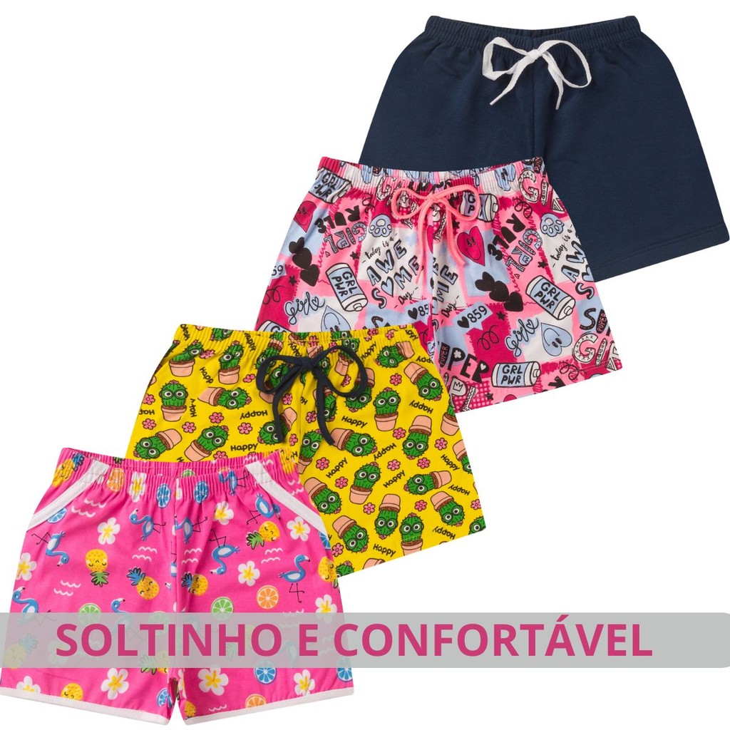 Kit 4 Shorts Infantil Feminino 4 ao 16 - Shorts Infantil Menina De Cotton Estampado
