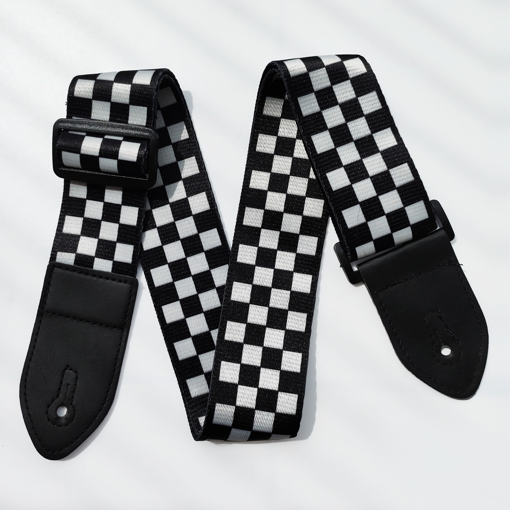 Correia De Guitarra Xadrez Elegante Com Extremidades De Couro Para Baixo , Guitarras Elétricas E Acústicas , Poliéster , - detalhe