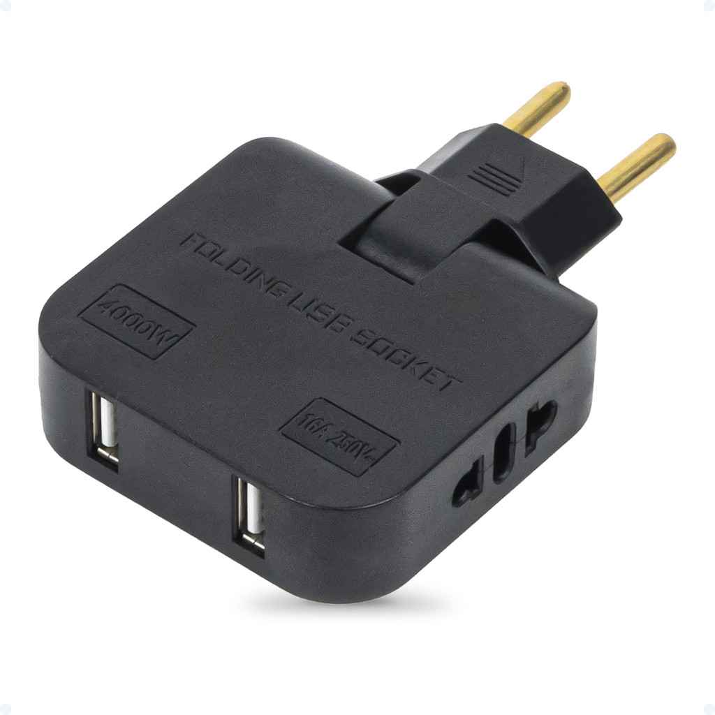 Benjamim Adaptador De Tomada Pino Chato T Articulado Dobrável Plug 16A 110/220V Bipolar 2 USB Bivolt