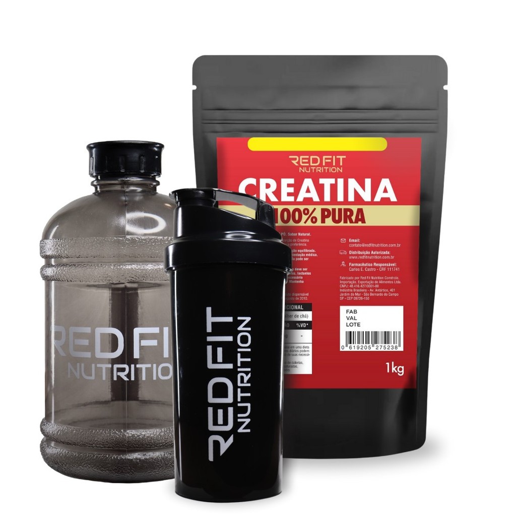 Creatina Monohidratada 1Kg Shaker Black 600ml Gallon Black 1,8L - 100% Pura Matéria-Prima Importada - Red Fit Nutrition