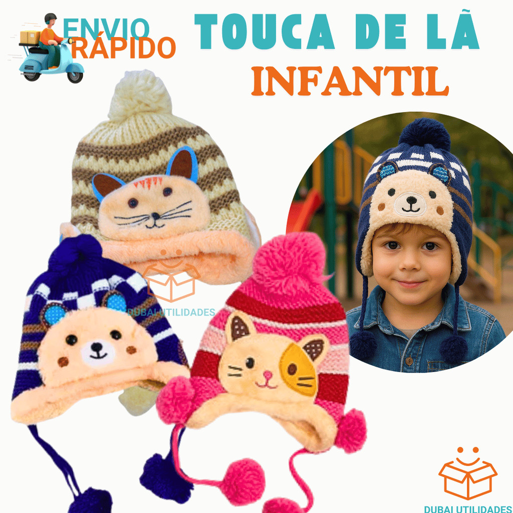 Touca Infantil Gorro Lã Inverno Forrada Com Pompom Infantil Azul Rosa Bege Menino Menina Oferta