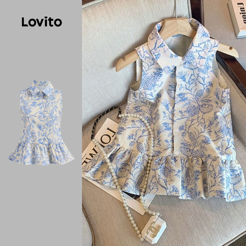 Lovito Blusa Casual Com Estampa De Botão De Plantas Para Mulheres L131LD1189 - Women Clothes