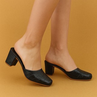 Mule Feminino Salto Bloco Médio Confortável Bico Quadrado Metalizado Liso com Textura Casual e Festa em Oferta na Shopee