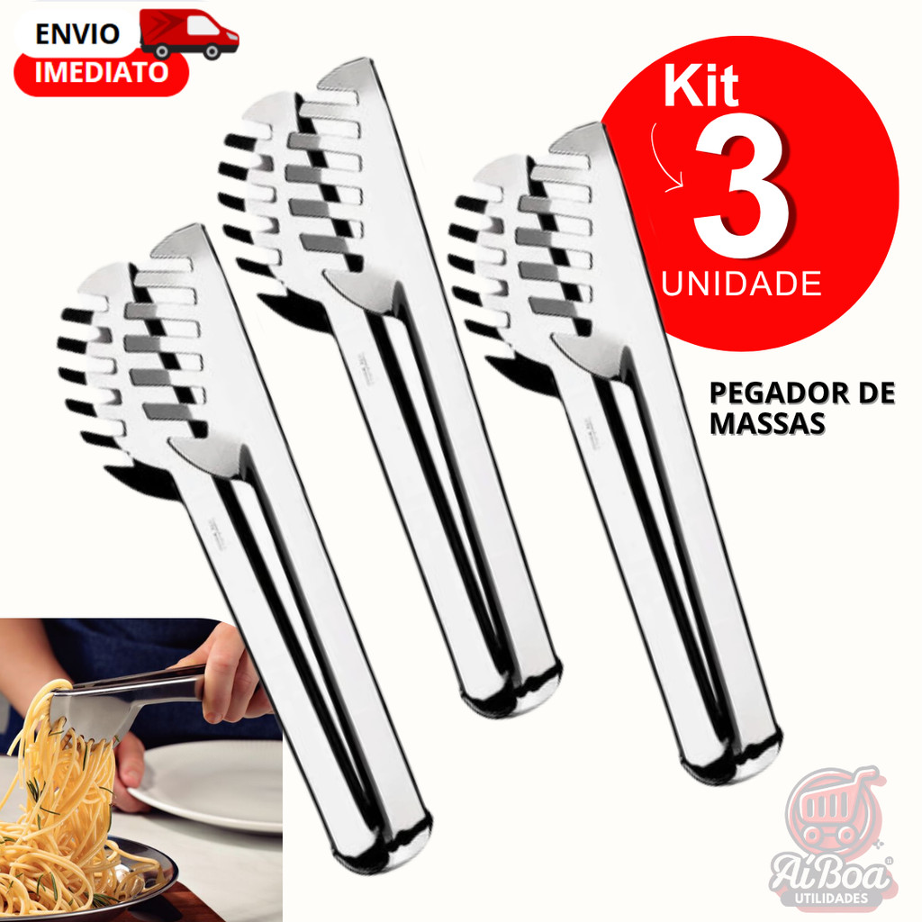 Kit 3, 2 ou 1 Pegador de Massa Inox 20cm com Serrilha Utensílio para Espaguete Salada