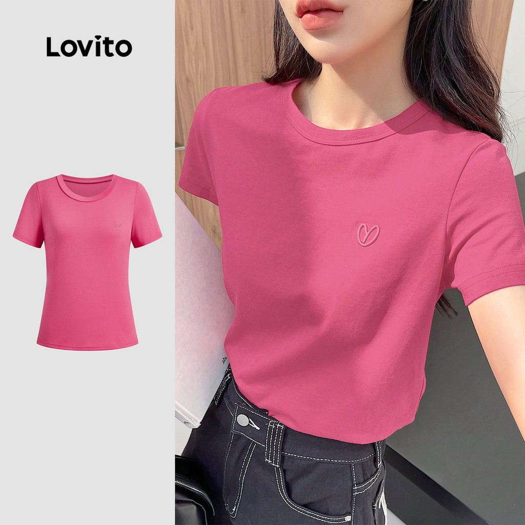 Lovito Camisa Casual com Bordado Toque Suave Primavera/verão Camisa Rose Vermelha para Mulheres L137LD104 - Women Clothes