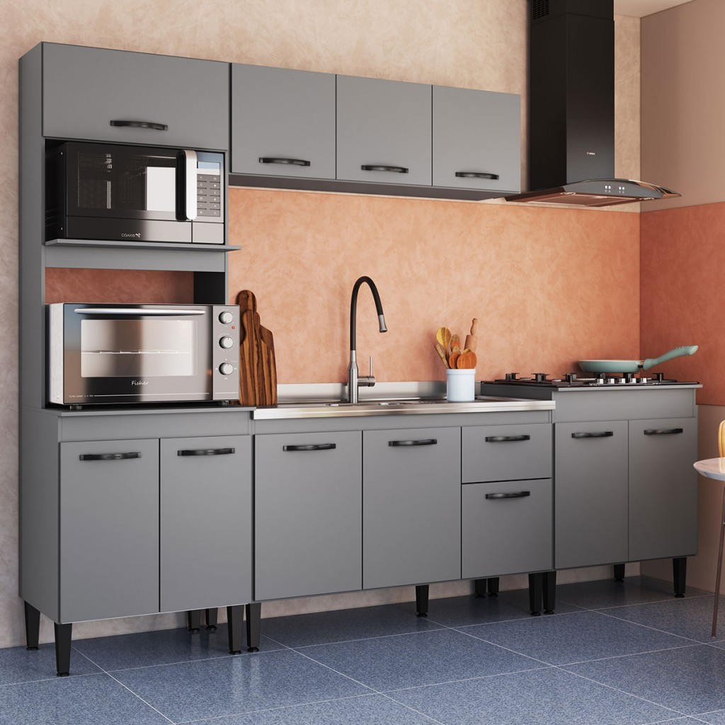 Armário de Cozinha Laís 11 Portas 1 Gaveta Cinza - Pnr Móveis em Oferta na Shopee