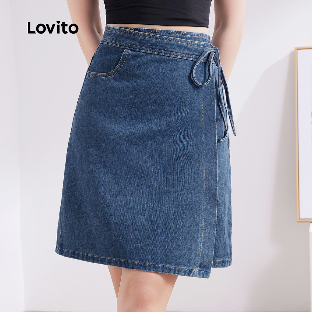 Lovito Casual Liso Envoltório Rendas Até Verão Primavera Azul Saias Jeans Para Mulheres L132ED594 - Women Clothes