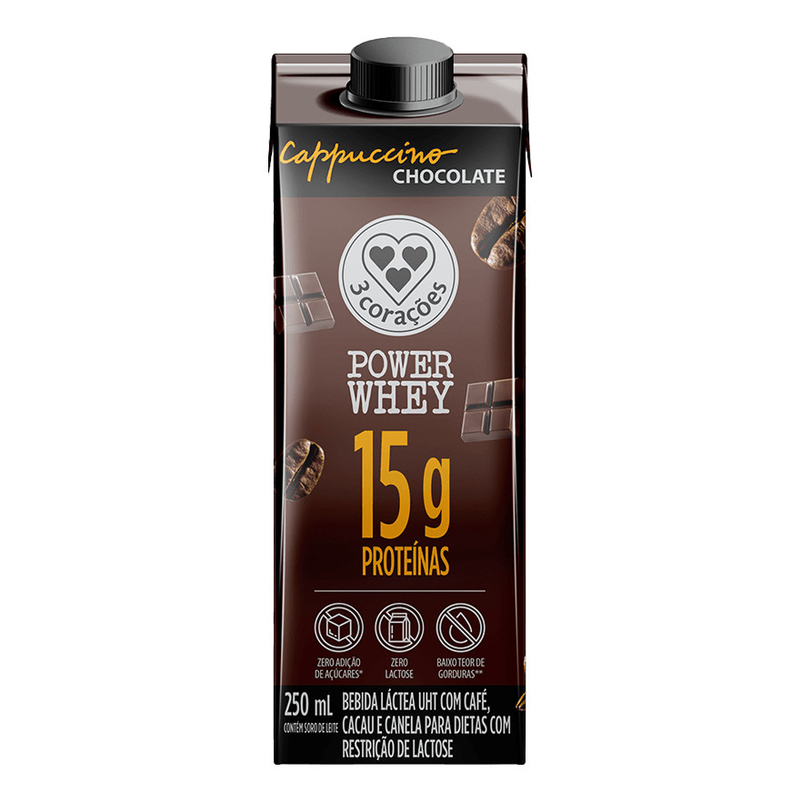 Bebida Láctea Uht Cappuccino Chocolate Zero Lactose 3 Corações Power Whey 260ml em Oferta na Shopee