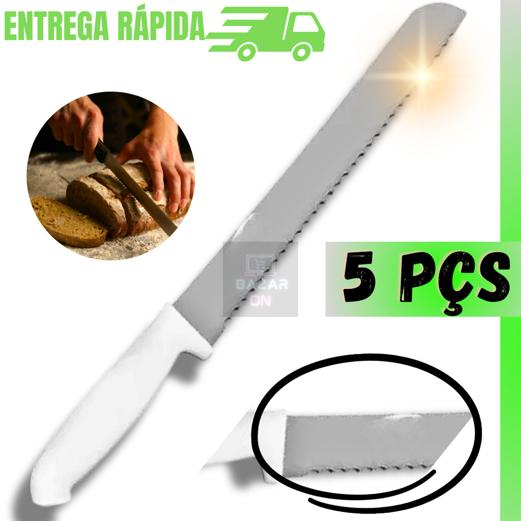 Jogo 5 Facas Para Pão 32cm Grande De Serra Afiado Profissional Cabo Ergométrico Branco Kit Aço Inox