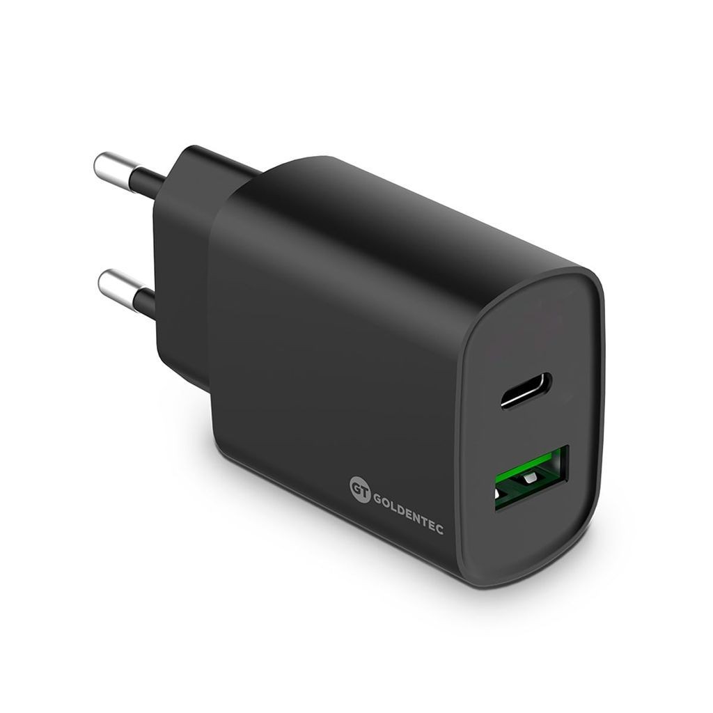 Carregador de Parede Fast Charge Goldentec USB-C 20W + USB 3.0 20W Bivolt Preto - Mobile & Gadgets