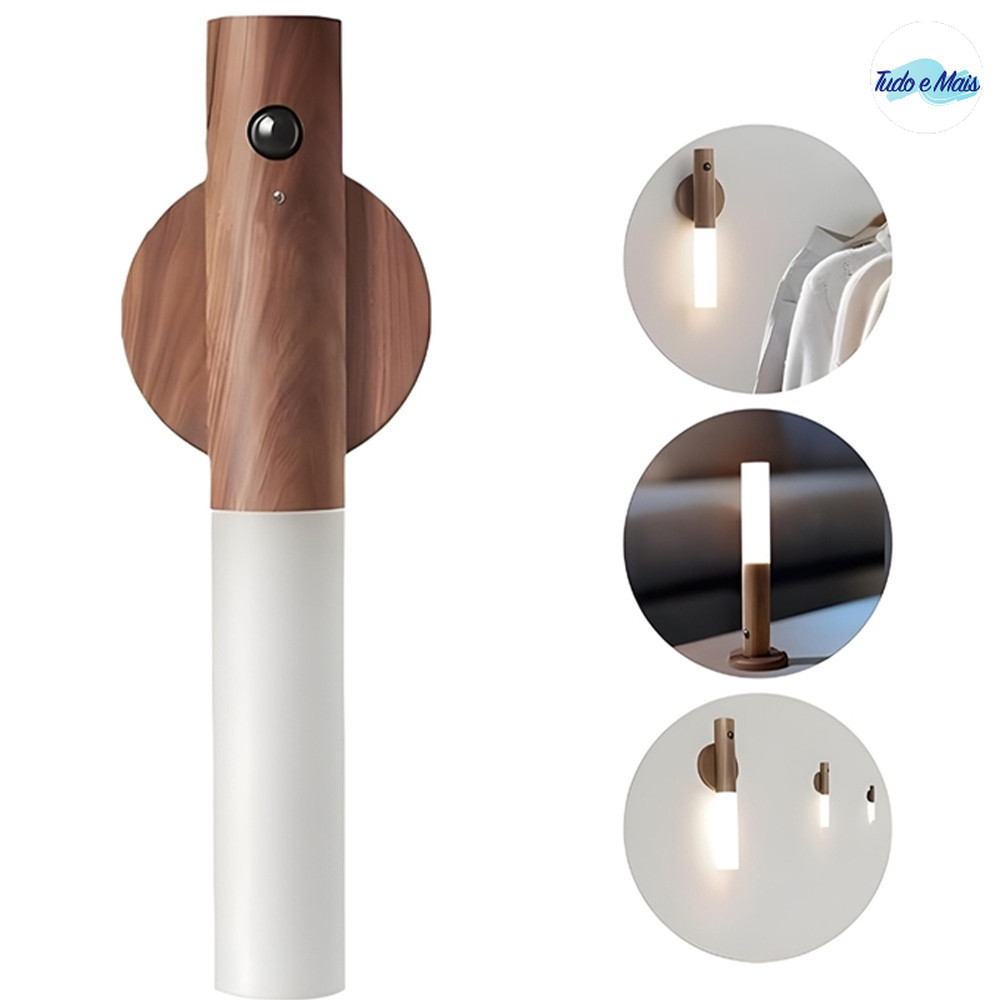 Luminaria Led Decorativa Sensor Movimento Arandela Madeira Minimalista Mesa Parede Magnetica Longa Duracao
