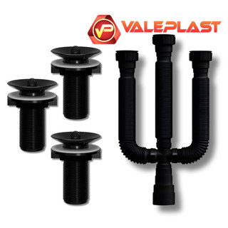 Sifão Triplo para Tanque Sanfonado + Kit 3 Válvula Pia Tanque de PVC Preto Sifao Preto + Valvula Pia