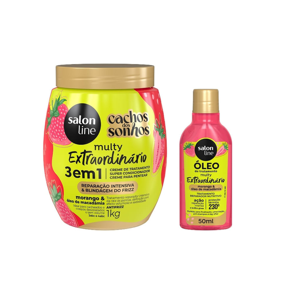 Kit Salon Line Multy Extraordinário Creme de Tratamento 3 em 1 + Óleo Reparador Morango - Beauty