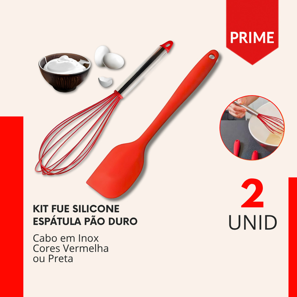 Kit Fue de Silicone + Espatula Pão Duro Batedor de Claras e Ovos para Bolo Confeitaria Restaurante
