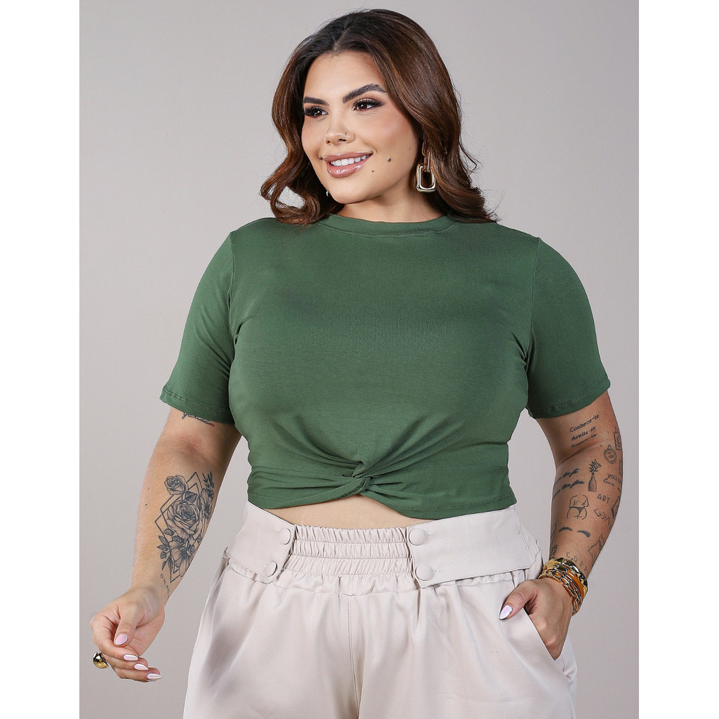 Cropped Feminino Nó Torcido Plus Size Blusa Curta Manguinha em Oferta na Shopee
