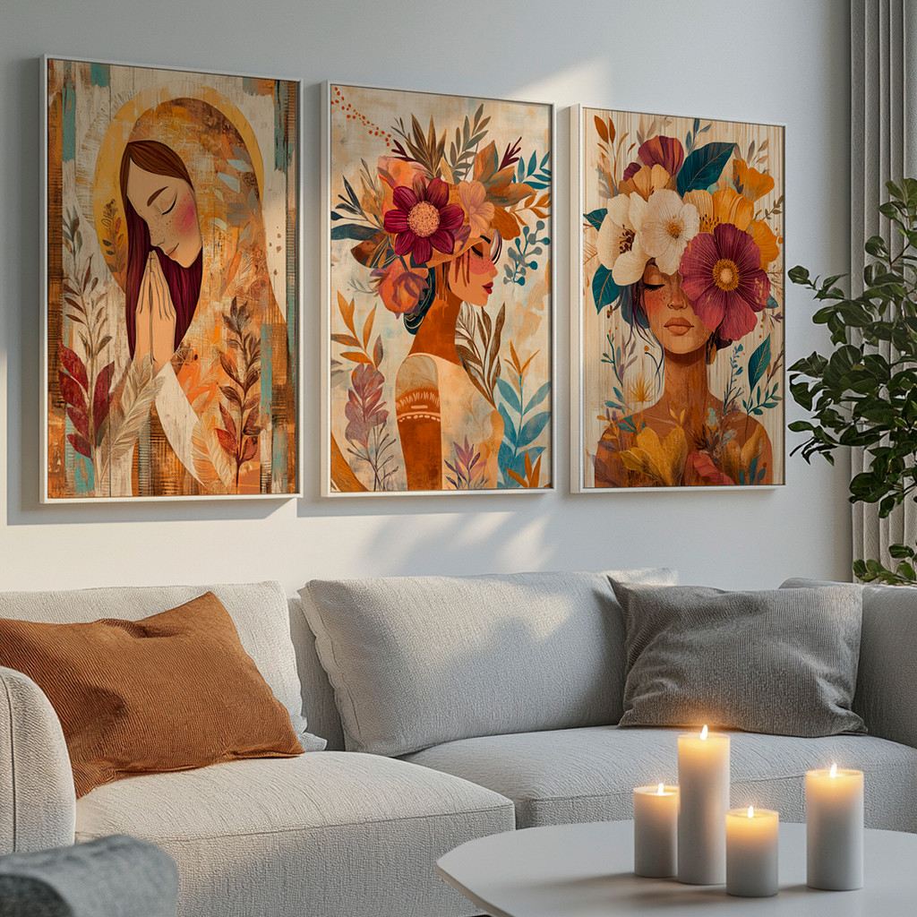 Imagem Kit 3 Quadros Quadro Decorativo Mulheres Florais Religioso Arte Colorida Espiritual Com Moldura