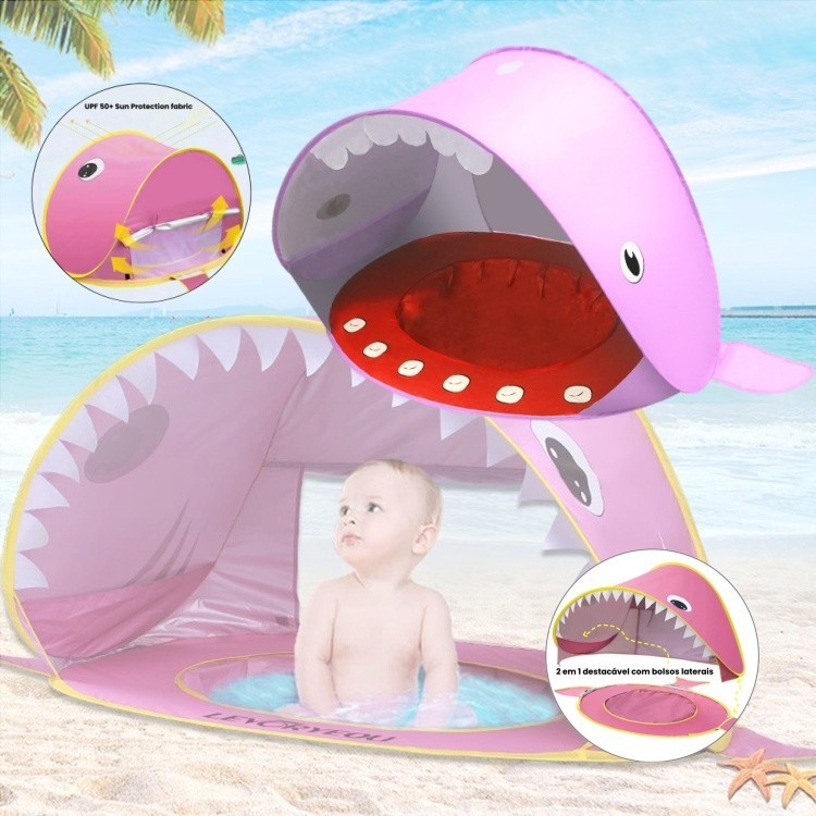 Tenda de Praia para Bebês com Piscina, Tenda Portátil com Guarda-Sol Tubarão, Proteção UV FPS 50+