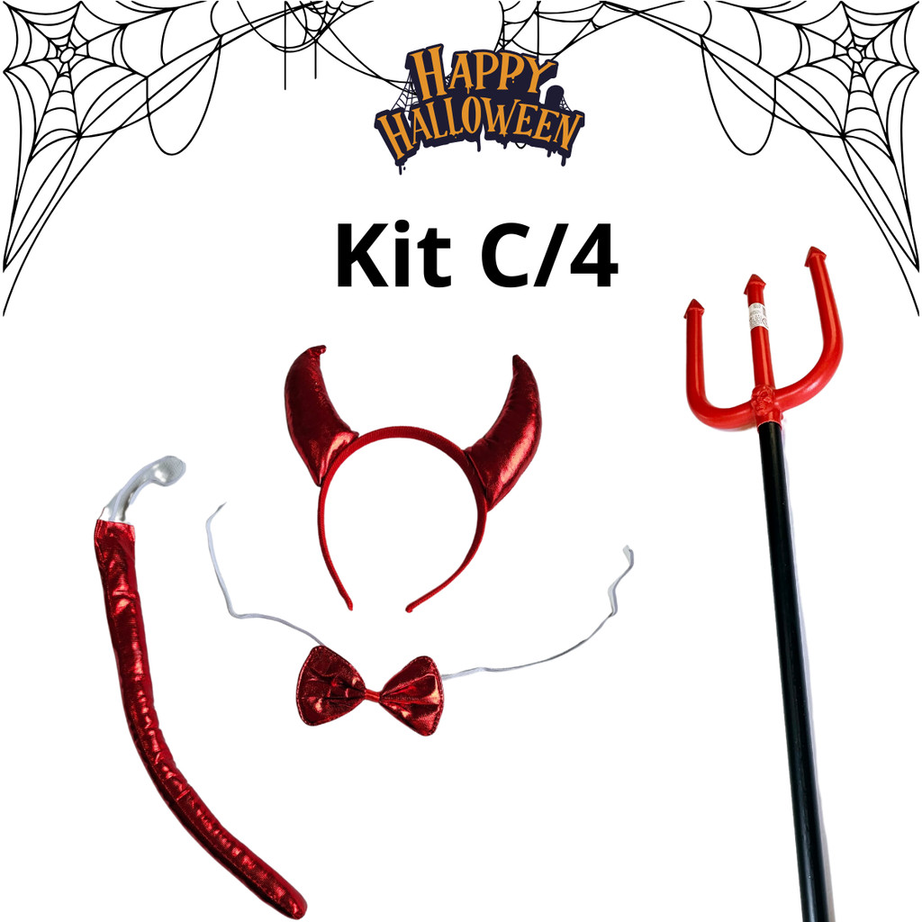 Kit C/4 Diabinha Tiara Rabo Gravata Trispeto Halloween Festa