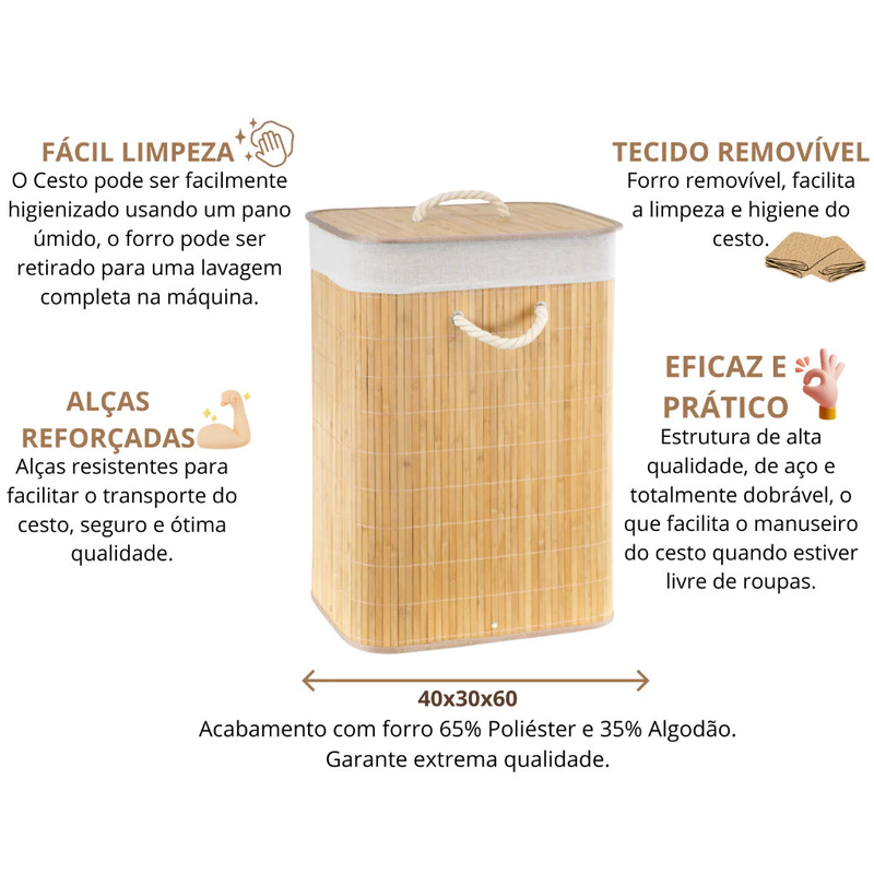 Cesto Organizador de Roupa Suja com Tampa e Alças em Bambu Bege — foto 8