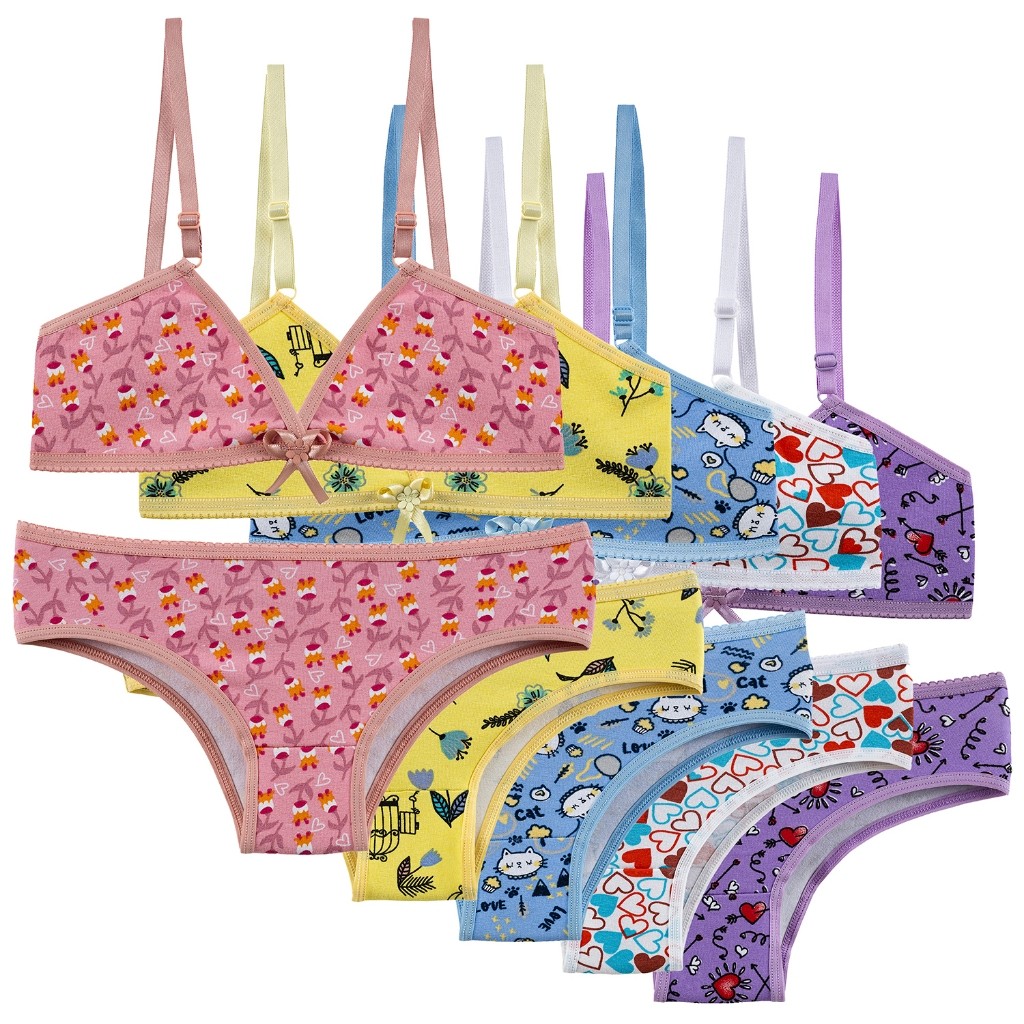 Kit 5 Conjuntos  Infantil Lingerie Calcinha e Sutian sem Bojo Menina Moca Conforto Cotton Algodão